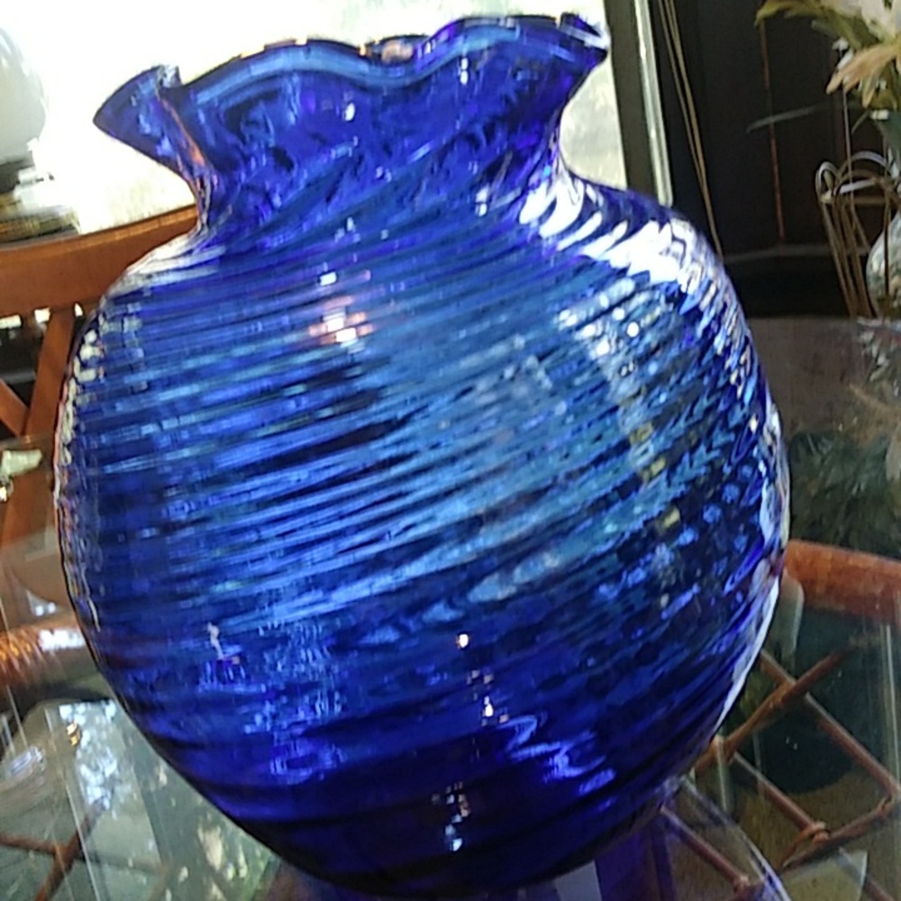 10" tall Cobalt Blue Glass Swirl Hand Blown Vase